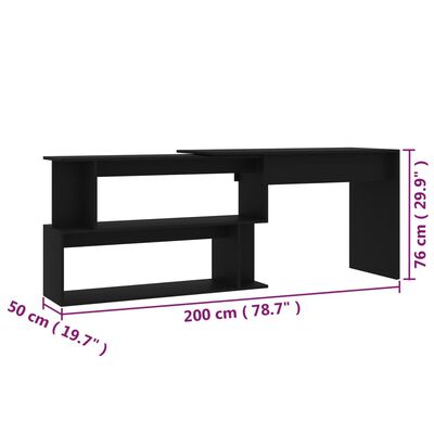 vidaXL Hjørneskrivebord svart 200x50x76 cm sponplate