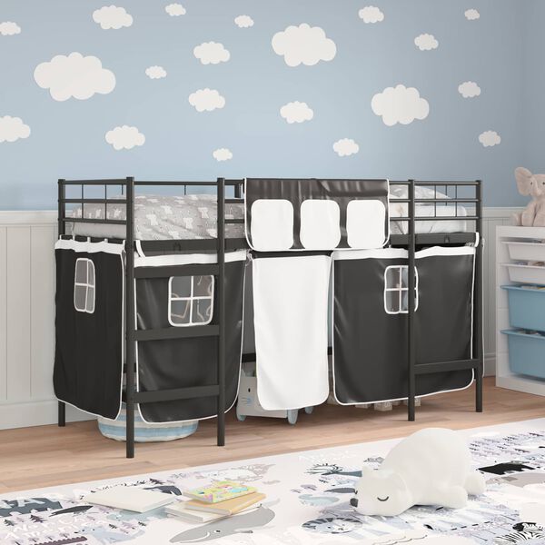 vidaXL Kiddos Loft Senge Ramme med Gardiner Svart 74,5 x 190 cm