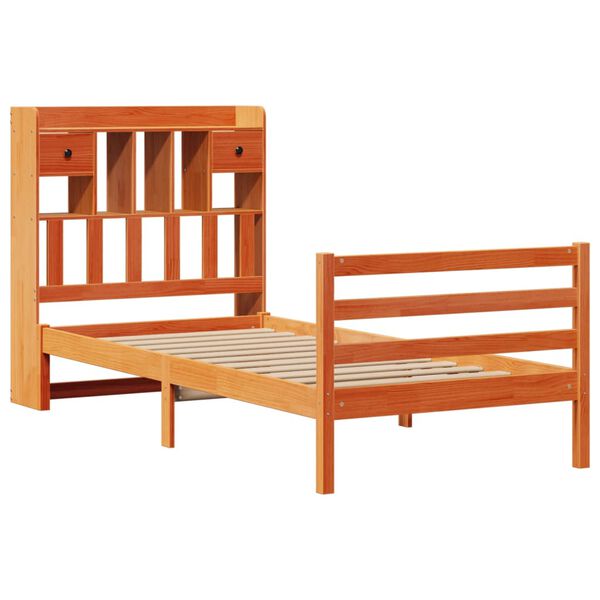 vidaXL Seng med bokhylle uten madrass voksbrun 100x200 cm heltre furu