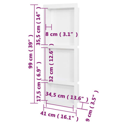 vidaXL Veggnisjer til dusj med 3 rom matt hvit 41x99x9 cm