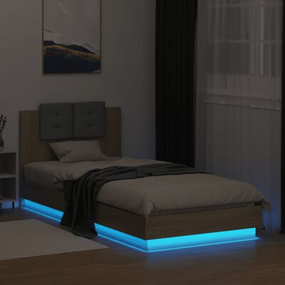 vidaXL Sengeramme med hodegavl og LED-lys sonoma eik 90x200 cm