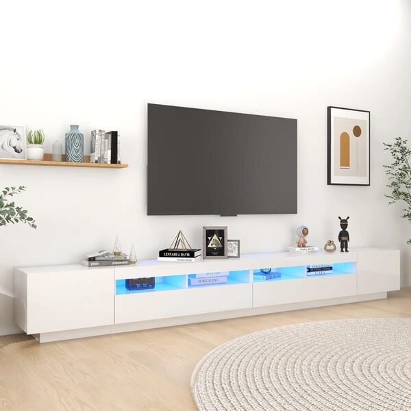 vidaXL TV-benk med LED-lys h&oslash;yglans hvit 300x35x40 cm