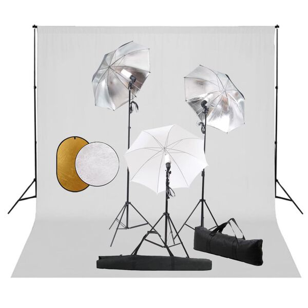vidaXL Fotostudiosett med lamper, paraplyer, bakgrunn og reflektor
