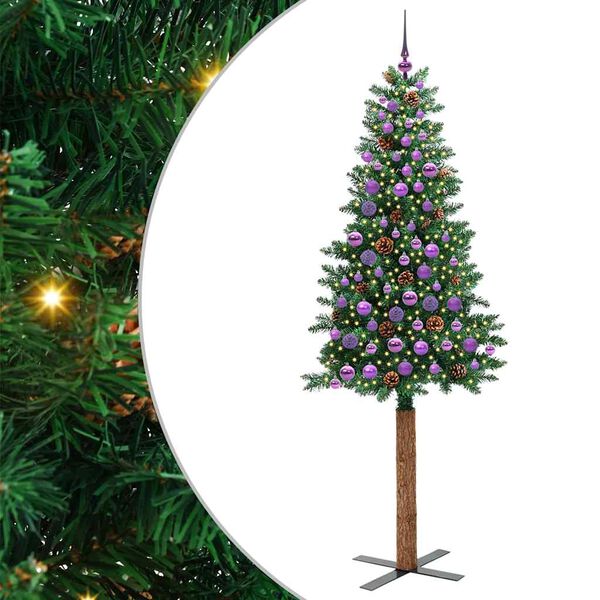 vidaXL Slim juletre med 300 LED gr&oslash;nn 210 cm PVC og Massivt Furu tre