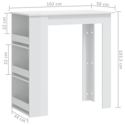 vidaXL Barbord med oppbevaringsstativ høyglans hvit 102x50x103,5 cm