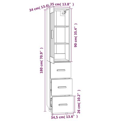 vidaXL Highboard høyglans hvit 35x34x180 cm konstruert tre