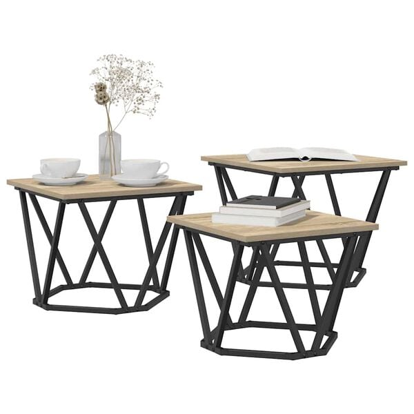 vidaXL Kaffebord 3 pcs Sonoma eik 50 x 50 x 40 cm Ingeni&oslash;rtre og st&aring;l