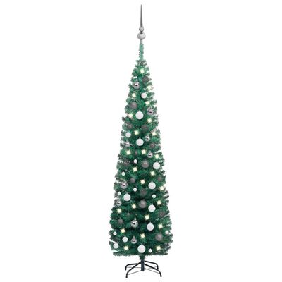 vidaXL Slankt kunstig juletre med LED og kulesett grønn 180 cm
