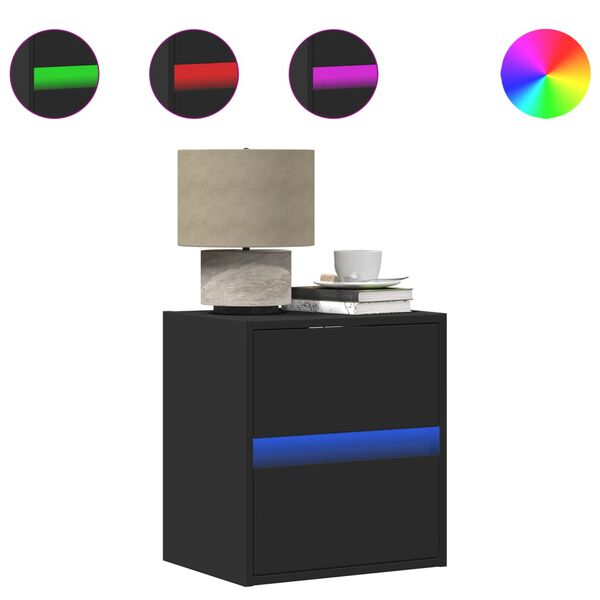 vidaXL Vegghengte nattbord med LED-lys 2 stk svart