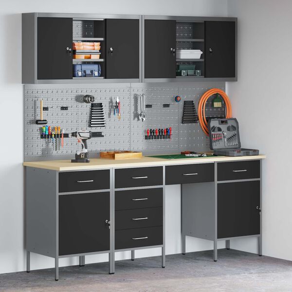 vidaXL Arbeidsskap med skuff 10 pcs Svart Konstruksjonsvirke og st&aring;l