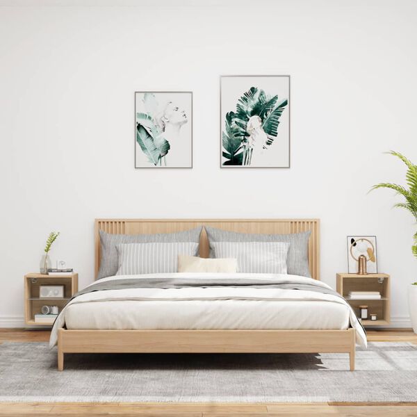 vidaXL Veggmontert nattbord med LED-lys 2 stk sonoma eik