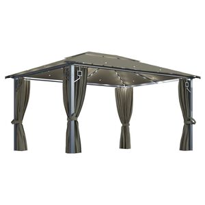 vidaXL Paviljong med gardin og LED-strenglys 4x3 m gr&aring;brun aluminium