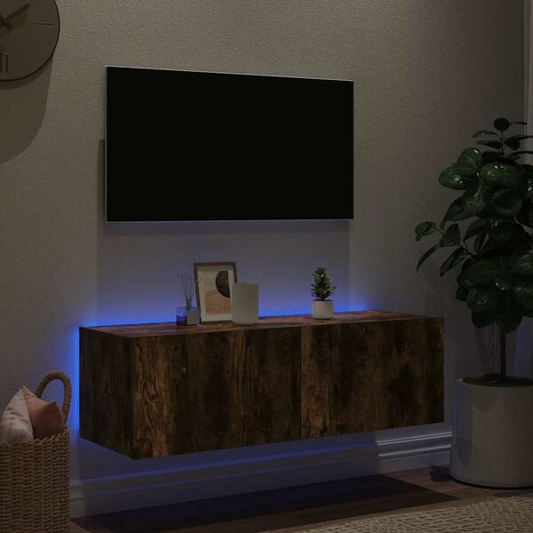 vidaXL Vegghengt TV-benk med LED r&oslash;kt eik 100x35x31 cm