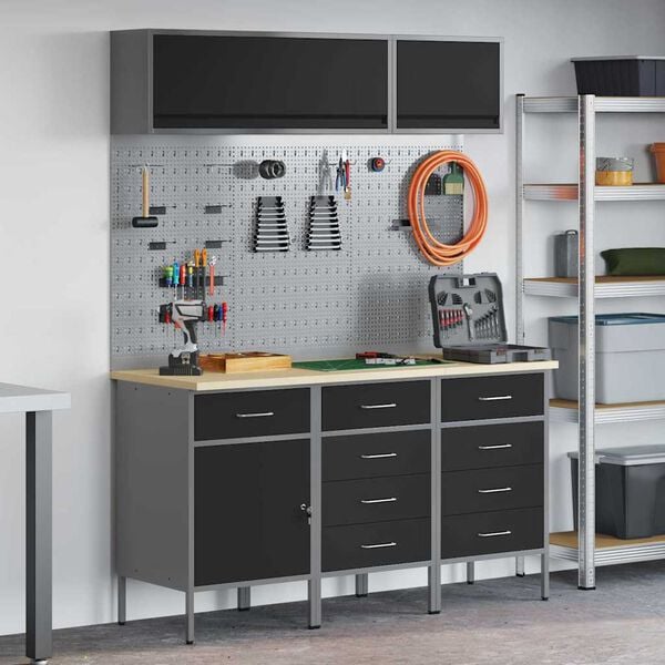 vidaXL Sett med arbeidskabinetter med skuff med lagring 8 pcs Svart