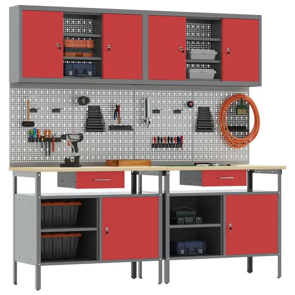 vidaXL Arbeidsbenksett med skuff med hylle med lagring R&oslash;d St&aring;l