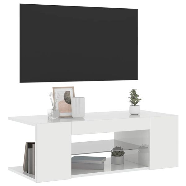 vidaXL TV-benk med LED-lys høyglans hvit 90x39x30 cm