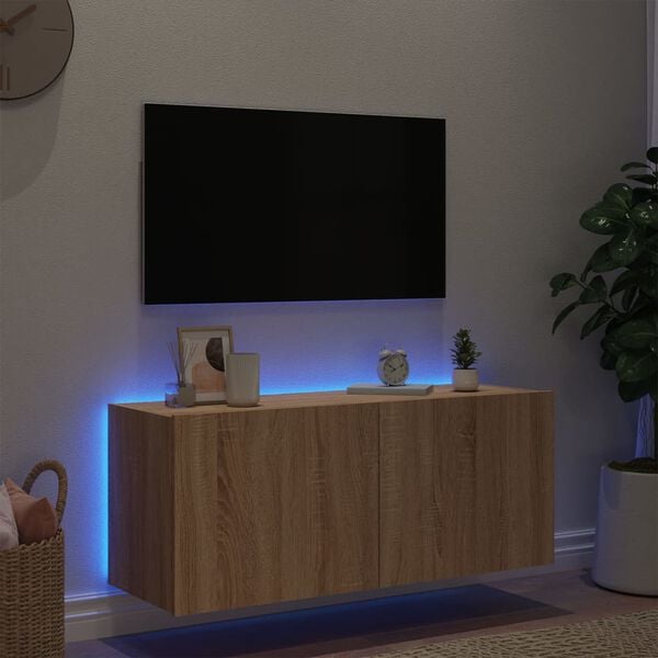vidaXL Vegghengt TV-benk med LED sonoma eik 100x35x41 cm