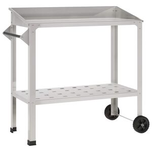 vidaXL Pottebord med hjul 96 x 50 x 89 cm Rustfritt st&aring;l S&oslash;lv