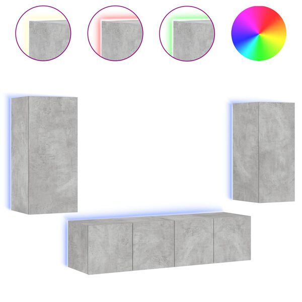 vidaXL Vegghengte TV-enheter med LED 4 deler betonggr&aring; konstruert tre