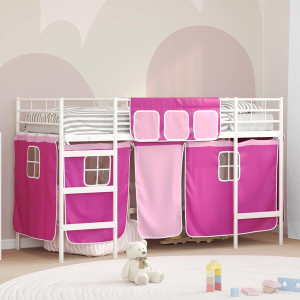 vidaXL Kiddos Loft Senge Ramme med Gardiner Hvit og Rosa 100 x 190 cm
