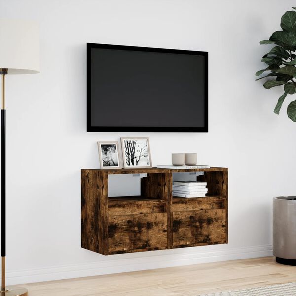 vidaXL Vegghengt TV-benker med LED-lys 2 stk røkt eik 41x31x45 cm