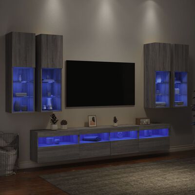 vidaXL Vegghengte TV-benker med LED 7 stk grå sonoma