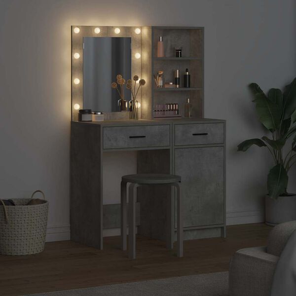 vidaXL Dressingbordsett med LED med d&oslash;r 2 pcs Betonggr&aring; Konstruert tre
