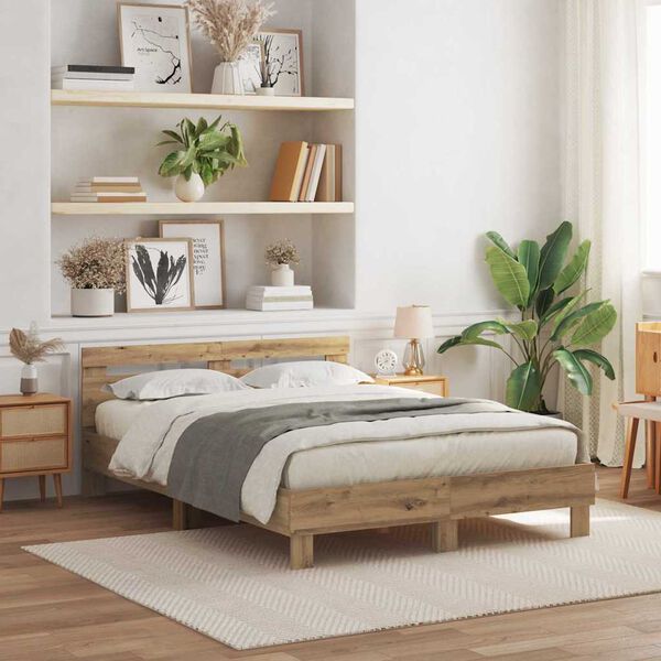 vidaXL Sengestamme med LED Artisan Eik 140 x 190 cm Konstruert tre