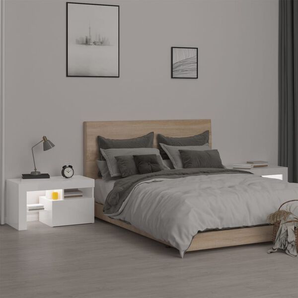 vidaXL Nattbord 2 stk med LED h&oslash;yglans hvit 70x36,5x40 cm