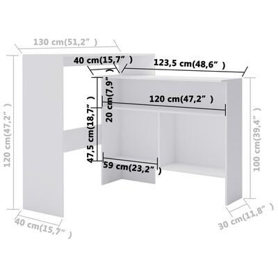 vidaXL Barbord med 2 bordplater 130x40x120 cm hvit