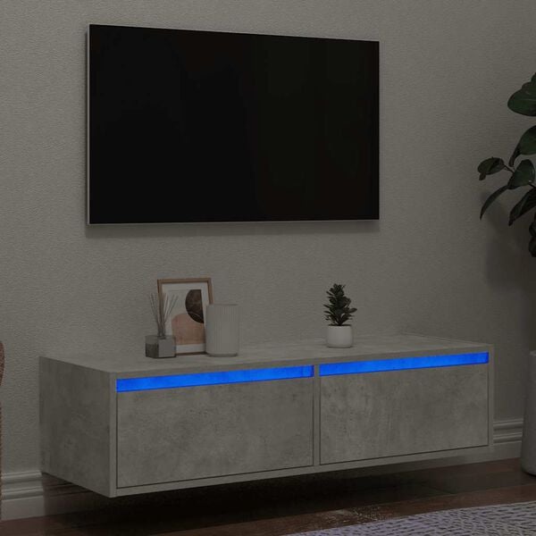 vidaXL TV-benk med LED-lys betonggr&aring; 100X35,5x25 cm
