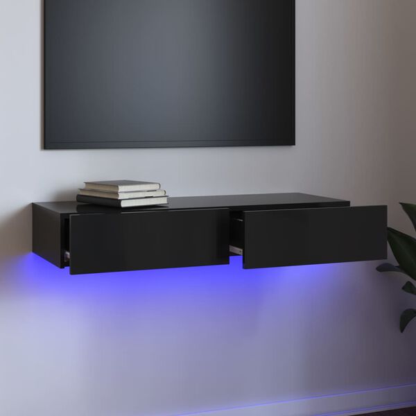 vidaXL TV-benk med LED-lys h&oslash;yglans svart 90x35x15,5 cm