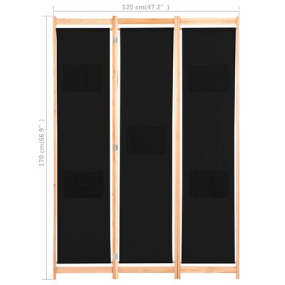 vidaXL Romdeler 3 paneler svart 120x170x4 cm stoff
