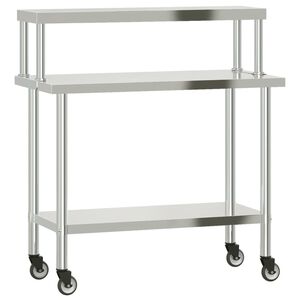 vidaXL Kj&oslash;kkenbenk med overhylle 110x55x120 cm rustfritt st&aring;l
