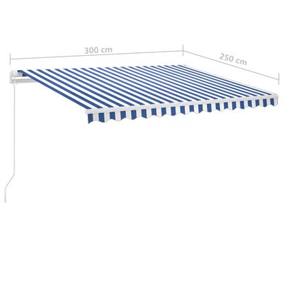 vidaXL Manuell uttrekkbar markise med LED 300x250 cm blå og hvit