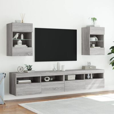 vidaXL Vegghengte TV-benker med LED-lys 2 stk grå sonoma 40x30x60,5 cm