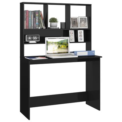 vidaXL Skrivebord med hyller høyglans svart 110x45x157 cm sponplate