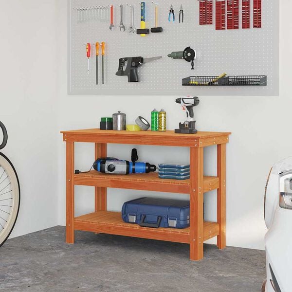 vidaXL Arbeidsbenk med hylle Voksbrun 110,5 x 50 x 80 cm Heltre furu