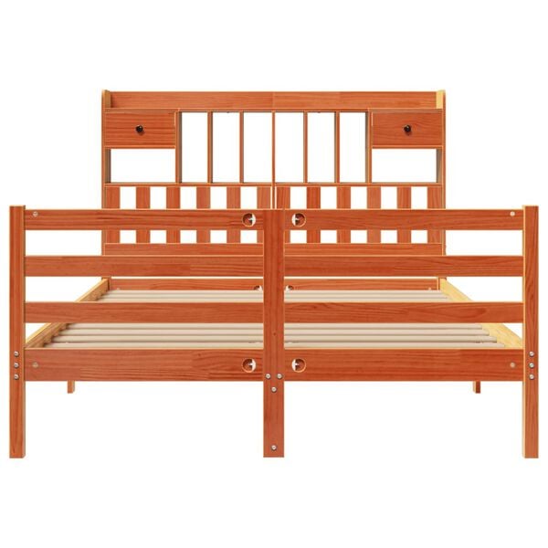 vidaXL Seng med bokhylle uten madrass voksbrun 160x200 cm heltre furu