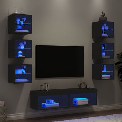 vidaXL Vegghengte TV-enheter med LED 8 deler svart konstruert tre