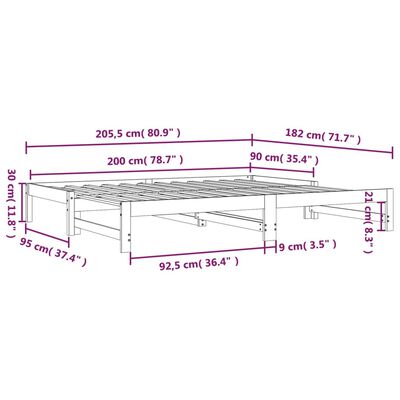 vidaXL Uttrekkbar dagseng 2x(90x200) cm heltre furu