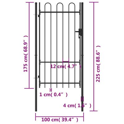 vidaXL Hageport med en dør og buet topp stål 1x1,75 m svart