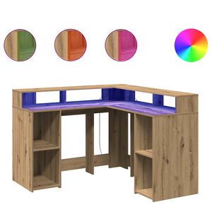 vidaXL Skrivebord med LED-lys artisan eik 130x130x91 cm konstruert tre