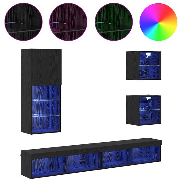 TV veggenheter med LED Veggmontert 5 pcs Svart Eik Konstruert tre