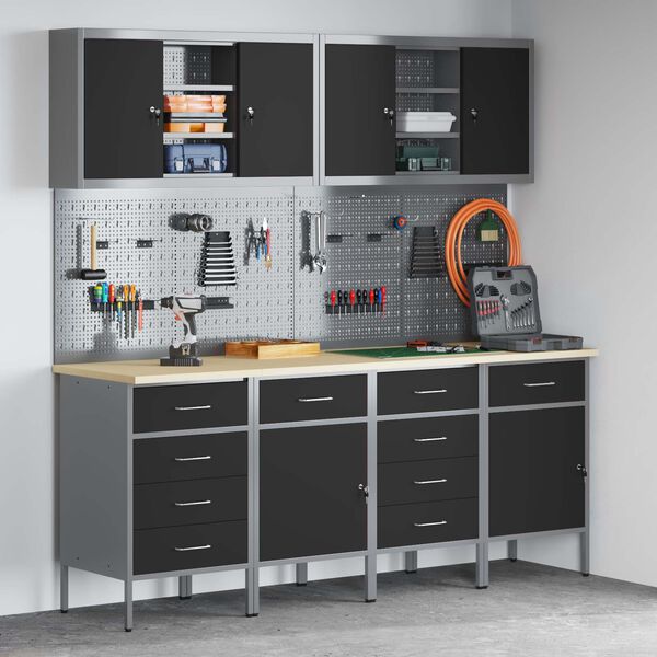 vidaXL Arbeidsskap med skuff 10 pcs Svart Konstruksjonsvirke og st&aring;l