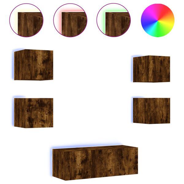 vidaXL Vegghengte TV-enheter med LED 6 deler r&oslash;kt eik konstruert tre