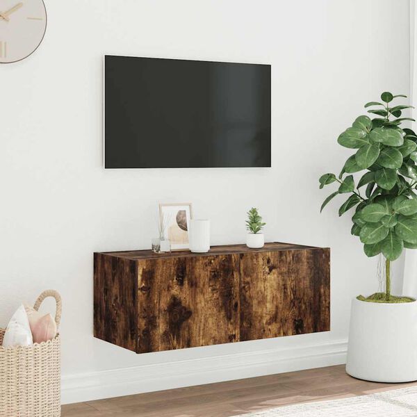 vidaXL Vegghengt TV-benk med LED r&oslash;kt eik 80x35x31 cm