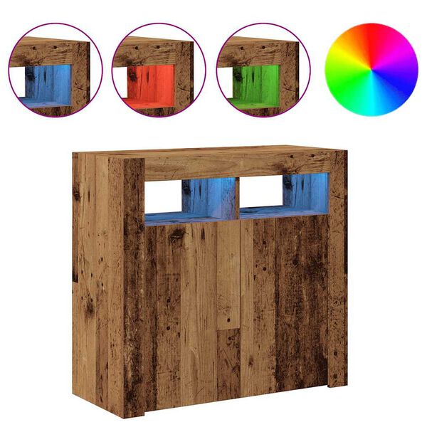 vidaXL Skjenk med LED-lys gammelt tre 80x35x75 cm konstruert tre