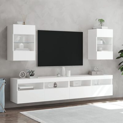 vidaXL Vegghengte TV-benker med LED 2 stk hvit 40x30x60,5 cm