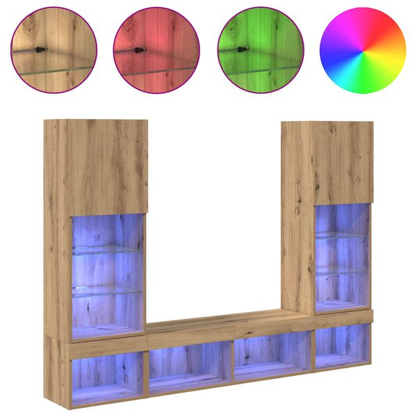 vidaXL TV veggenheter med LED med LED 5 pcs Artisan Eik Konstruert tre